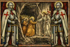 Christ descends into the underworld and raises Adam and the righteous, medieval illustration with Knights Templar as guardians