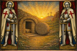 Le tombeau vide de Jésus au lever du soleil, la pierre enlevée, symbole de la résurrection, avec deux gardes templiers.