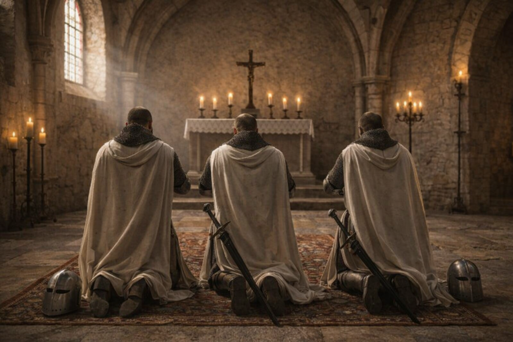 3 biddende Tempeliers voor een altaar in een kapel