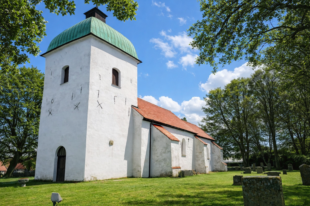 White medieval church from 1115, in green, in full sun.