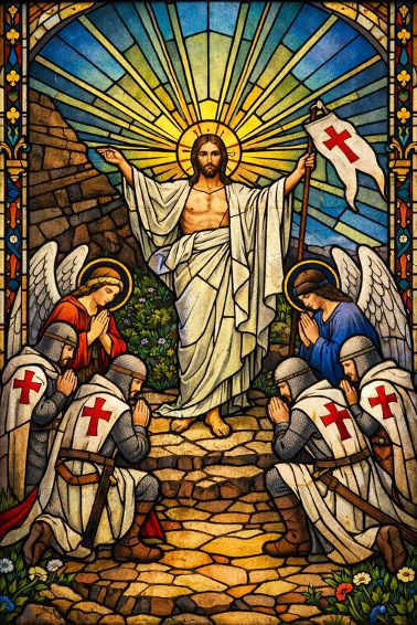 Jezus Christus verrijst uit het graf in stralend licht terwijl engelen en Tempeliers geknield toekijken bij de opstanding