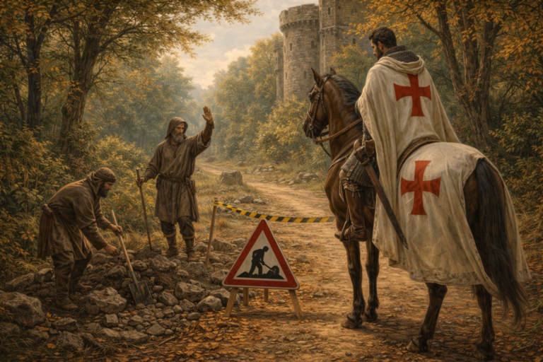 Middeleeuwse weg met Tempelier te paard die stopt voor wegwerkers met modern waarschuwingsbord en afzetlint