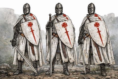 Tres caballeros medievales de los Hermanos de la Espada con armaduras, espadas y escudos