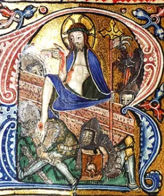 Christus overwint de dood en staat op uit het graf – romeinse soldaten slapen, middeleeuwse miniatuur.