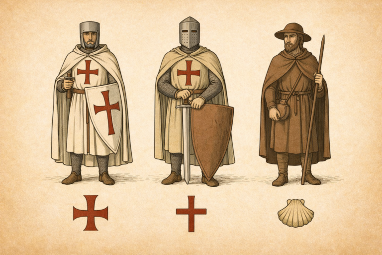 Illustratie van een Tempelier, een kruisridder en een pelgrim naast elkaar, gekleed in middeleeuwse kleding met respectievelijk mantel met kruis, harnas en pelgrimsstaf