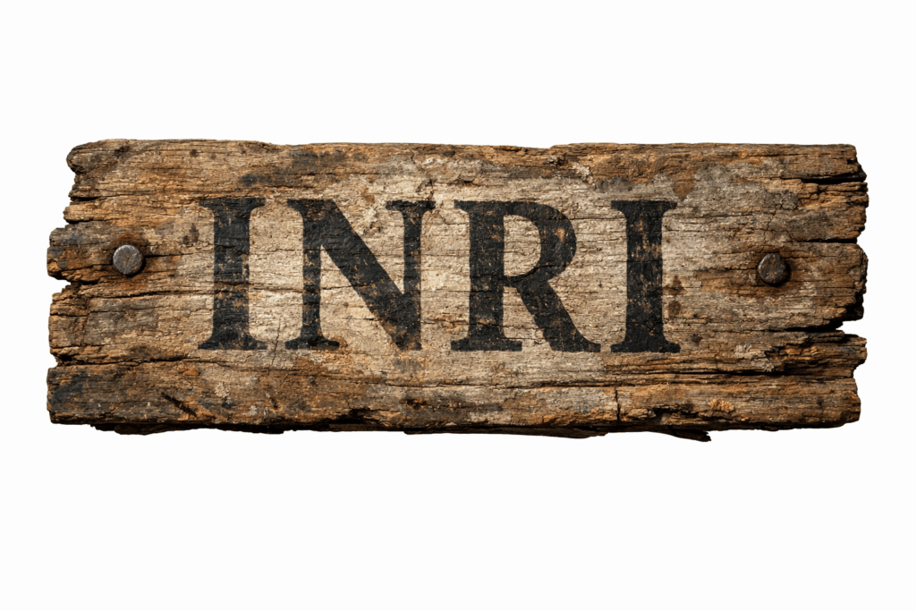 piece of weathered wood with the letters INRI