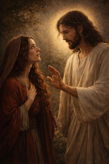 Jezus verschijnt aan Maria Magdalena bij het lege graf terwijl zij Hem wil aanraken maar Hij haar tegenhoudt