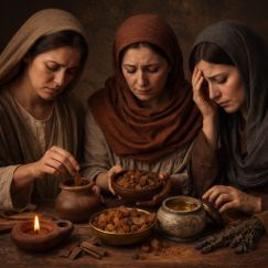 Maria, Maria Magdalena en Salome bereiden kruiden voor de zalving van Jezus, Bijbelse scène Stille Zaterdag