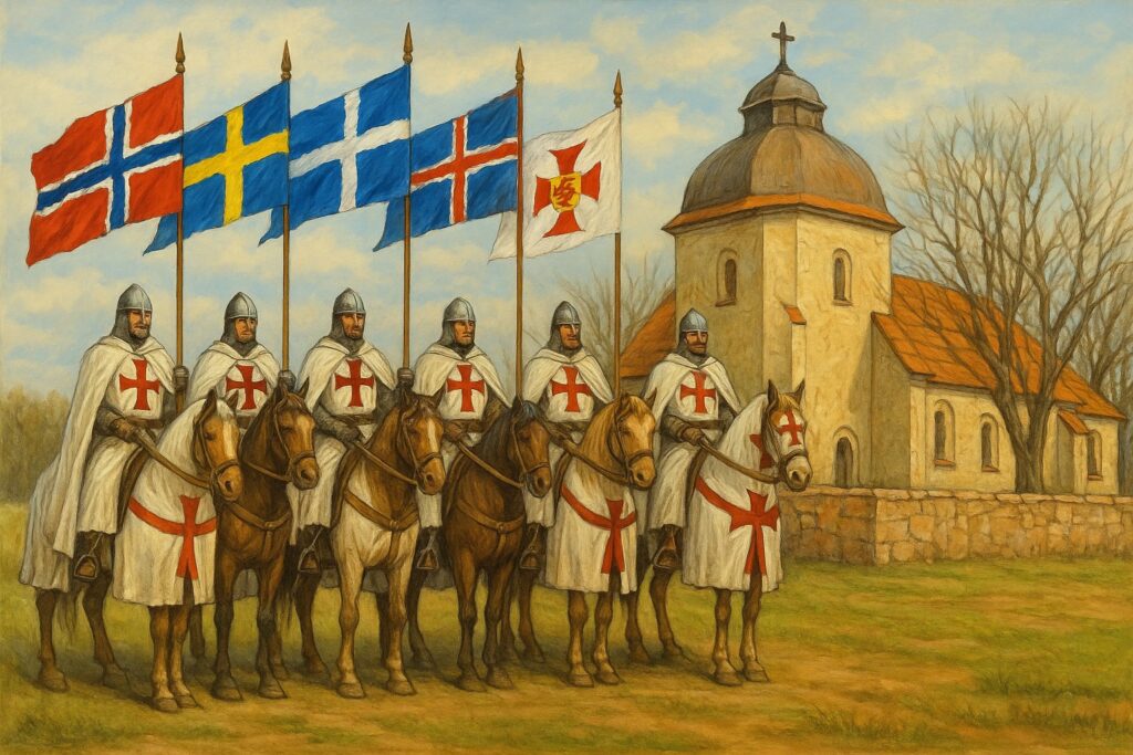 6 Tempeliersruiters op 1 rij met elk een Scandinavische vlag. Op de achtergrond een middeleeuws Zweeds kerkje.