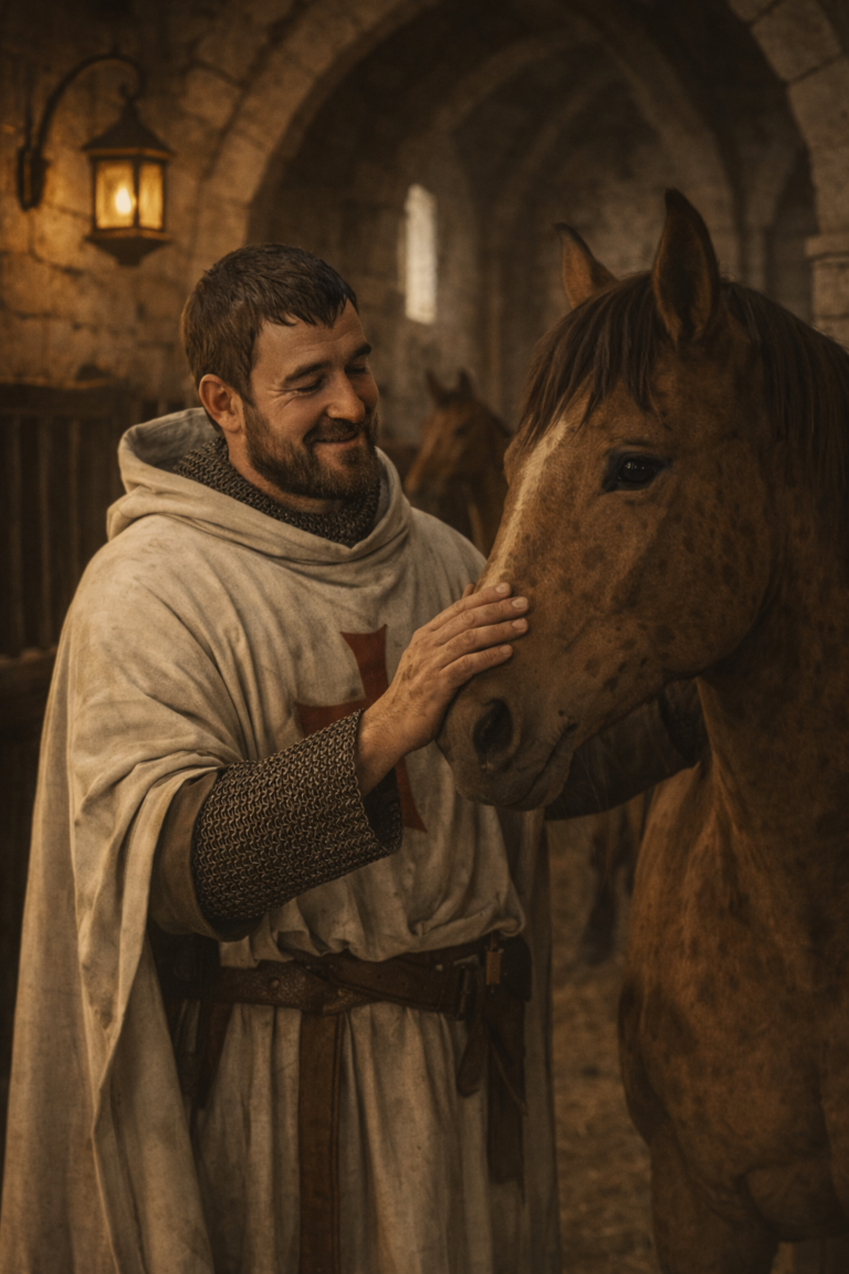 Tempelier die zijn paard verzorgd in een stal