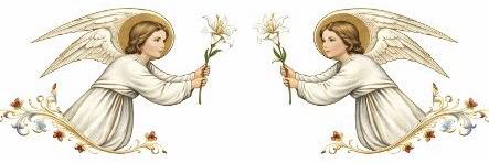 Twee symmetrische engelen met vleugels die elk een witte lelie vasthouden als symbool van opstanding en nieuw leven