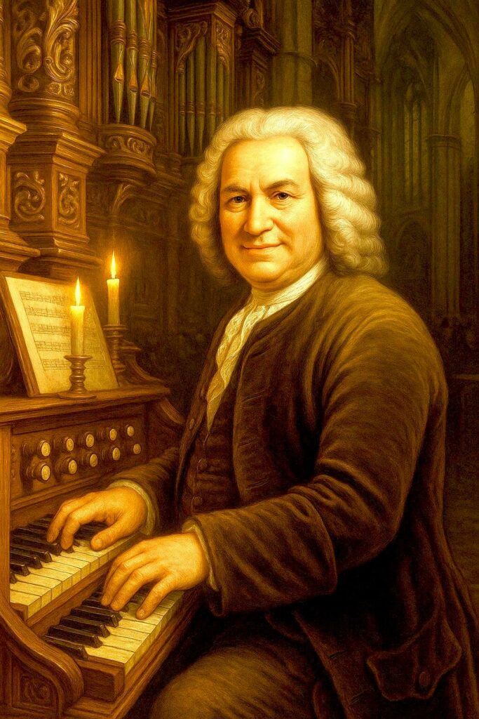 Portret van Johann Sebastian Bach zittend aan een orgel, met beide handen op het klavier en op de achtergrond orgelpijpen en een verlichte lessenaar met bladmuziek.