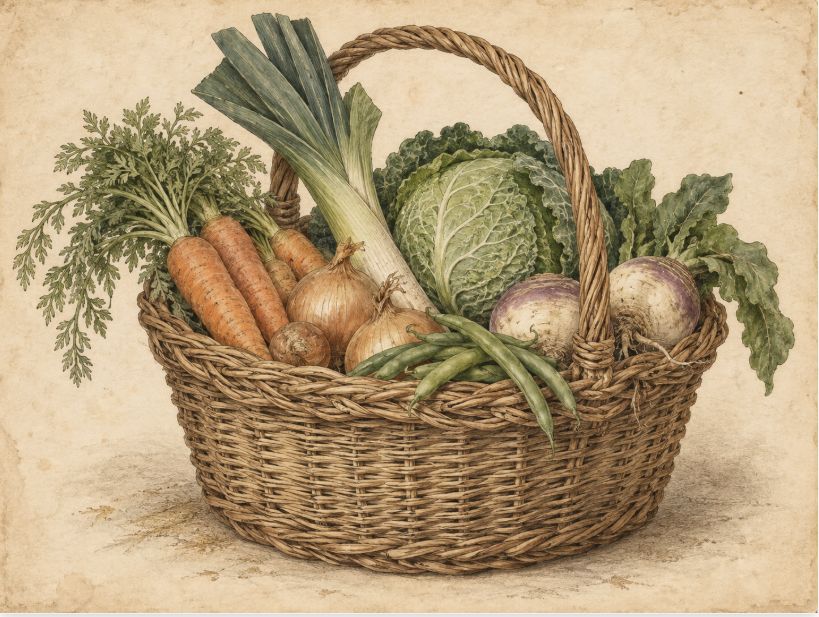 Cesta trenzada con verduras