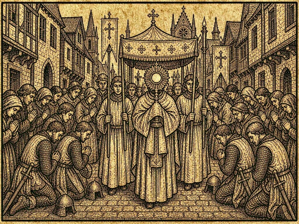 Middeleeuwse sacramentsprocessie met monstrans onder baldakijn, omringd door geestelijken, gelovigen en knielende ridders langs de weg