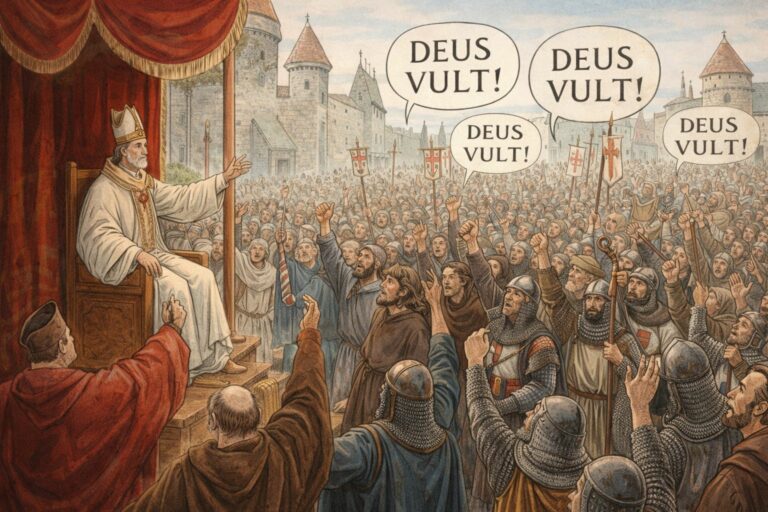 Paus Urbanus II roept op tot de Eerste Kruistocht terwijl de menigte “Deus Vult” roept
