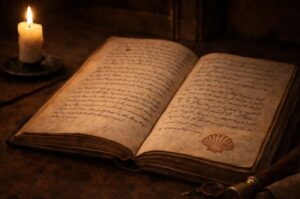 Perkamenten gastenboek bij kaarslicht