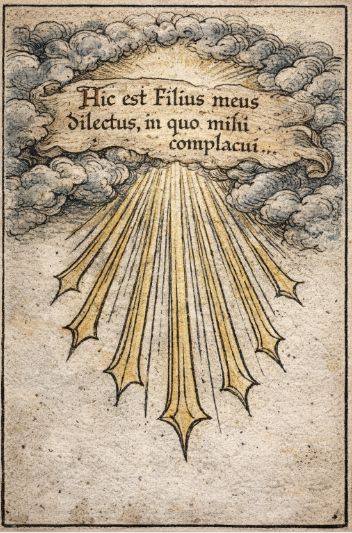 Middeleeuwse illustratie van wolken en lichtstralen met Latijnse tekst “Hic est Filius meus dilectus” als symbool voor de stem van God bij de doop van Jezus