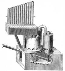 Zwart-witte technische reconstructietekening van een oude hydraulis, het waterorgel van Ktesibios, met een rij verticale pijpen en het mechanisme waarmee water de luchtdruk helpt regelen.