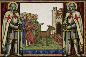 Ilustración medieval de Jesús entrando en Jerusalén sobre un burro, acompañado por dos caballeros templarios con cruces rojas