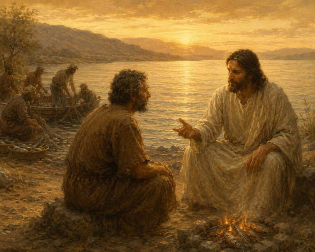 Jezus in gesprek met Petrus aan het Meer van Tiberias bij een vuur
