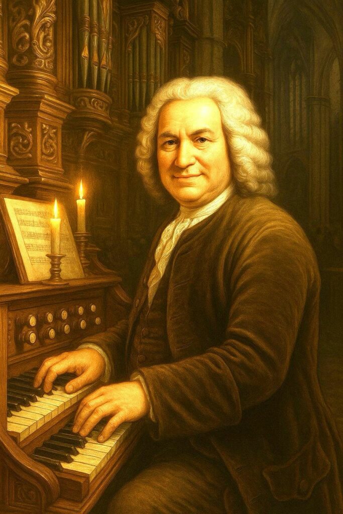 Portret van Johann Sebastian Bach achter een kerkorgel in warm kaarslicht.