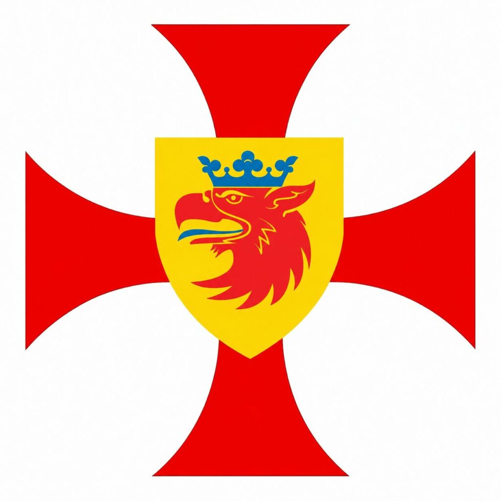 Rood Tempelierskruis met centraal een geel wapenschild. Op het schild staat een gekroonde rode griffioen- of adelaarfiguur. Dit embleem werd gebruikt binnen The Black Knights Templars of Solomon.