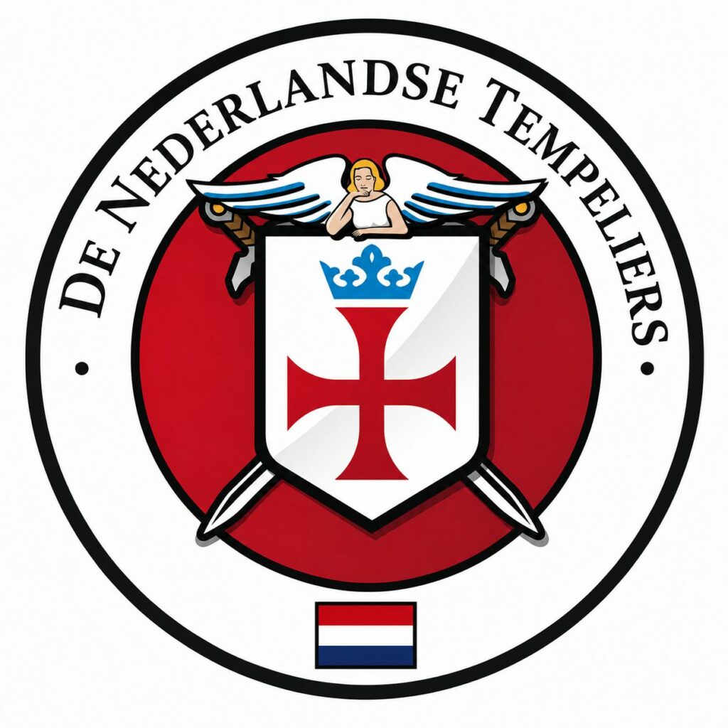Logo van De Nederlandse Tempeliers. Centraal staat het rode Tempelierskruis onder een blauwe kroon, met daarboven een engel en achter het schild twee gekruiste zwaarden. Onderaan staat de Nederlandse vlag.