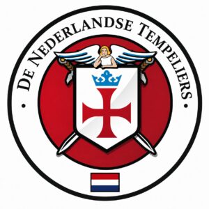 Logo van De Nederlandse Tempeliers. Centraal staat het rode Tempelierskruis onder een blauwe kroon, met daarboven een engel en achter het schild twee gekruiste zwaarden. Onderaan staat de Nederlandse vlag.