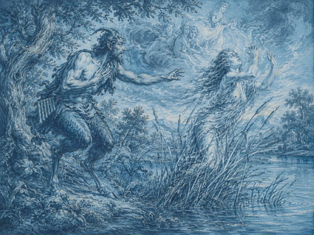 Blauwtintig tafereel uit de Griekse mythologie waarin de bosgod Pan met bokkenpoten en panfluit de nimf Syrinx achtervolgt; bij de rivier verandert zij in riet terwijl zij haar armen naar de goden opheft.