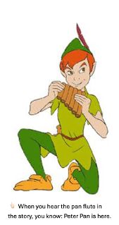 English - Drawn figure of Peter Pan in a green outfit and red cap, kneeling on one knee while playing a wooden pan flute