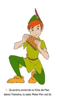 Français: Personnage dessiné de Peter Pan, vêtu de vert et coiffé d’un bonnet rouge, agenouillé sur un genou tout en jouant d’une