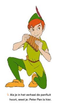 Getekende figuur van Peter Pan in groen pak en rode muts, zittend op één knie terwijl hij een houten panfluit bespeelt