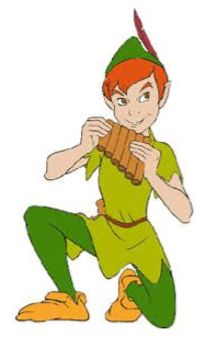 Español: Figura dibujada de Peter Pan con traje verde y gorro rojo, arrodillado sobre una rodilla mientras toca una flauta de Pan de madera.