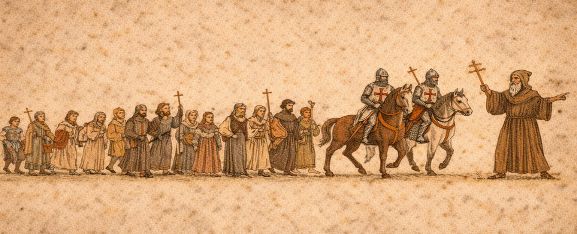 Middeleeuwse pelgrimsstoet met ridders te paard en Pieter de Kluizenaar voorop, op weg tijdens de Eerste Kruistocht