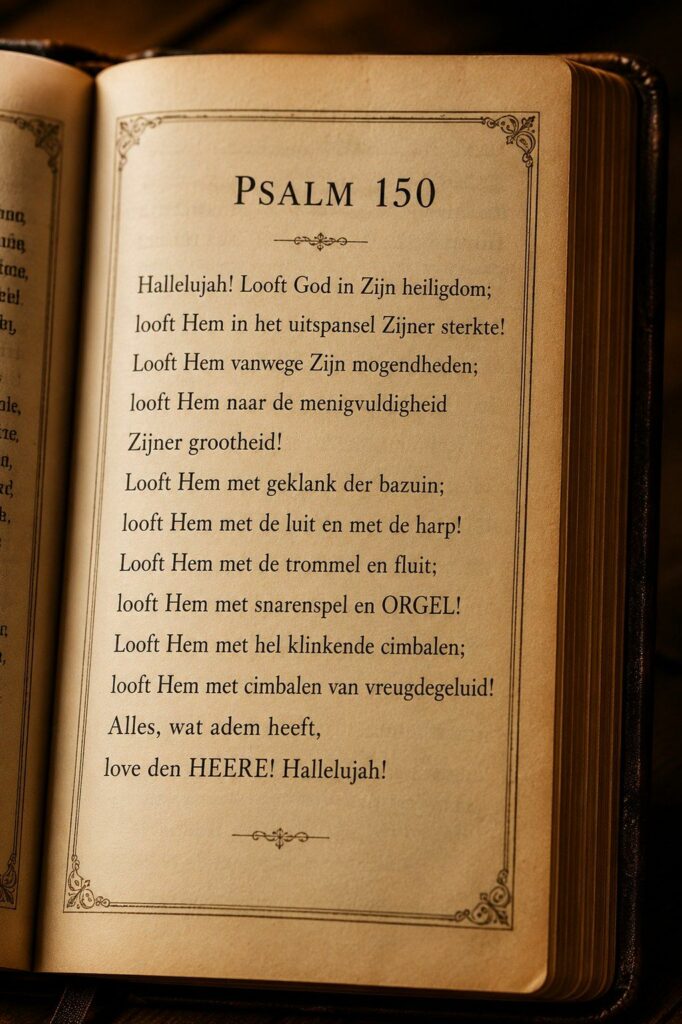 Open Bijbel met Psalm 150, waarin wordt opgeroepen God te loven met verschillende muziekinstrumenten, waaronder in deze oude vertaling ook het woord orgel.