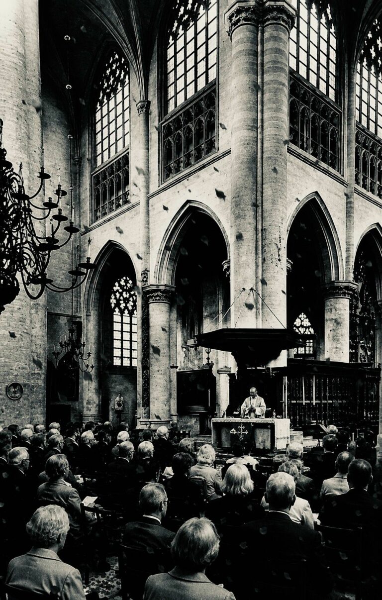 Priester en kerkgangers in de Grote Kerk Breda tijdens Pinksteren terwijl rozenblaadjes uit het gewelf