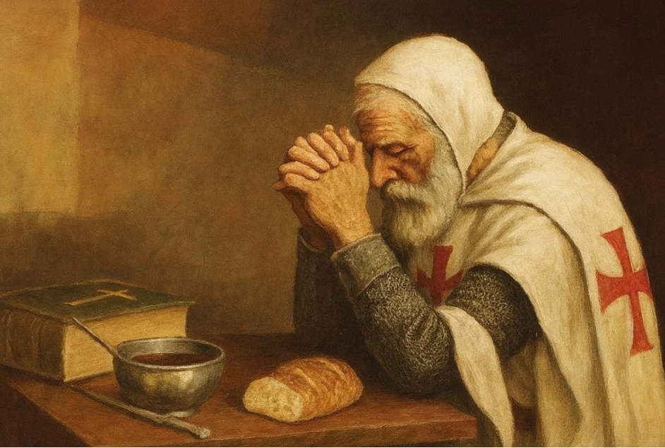 Oudere Tempelier biddend voor de maaltijd - aan tafel