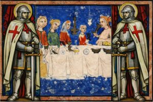 Middeleeuwse Sedermaaltijd met Pesach-symbolen, geflankeerd door twee Tempeliers als wachters