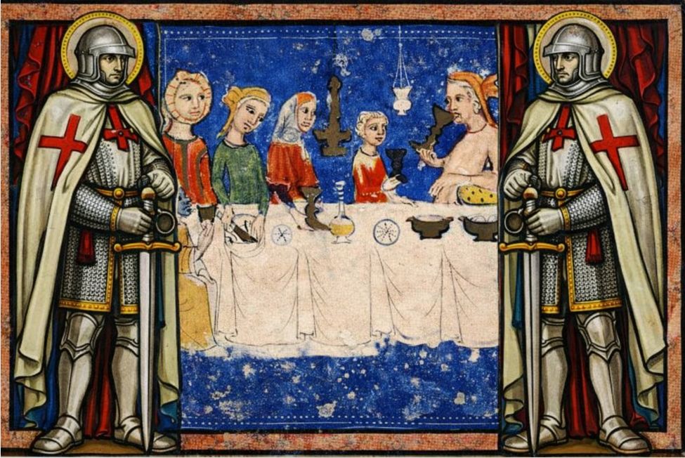 Middeleeuwse Sedermaaltijd met Pesach-symbolen, geflankeerd door twee Tempeliers als wachters