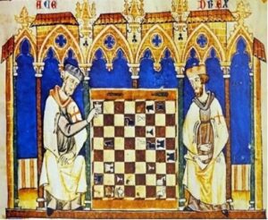 Miniature médiévale de deux Templiers jouant aux échecs