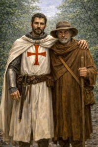 Tempelier met arm over de schouder met een Pelgrim