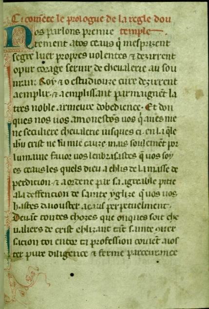 Middeleeuws perkament met de eerste regel van de Tempelierscode - in het Latijn