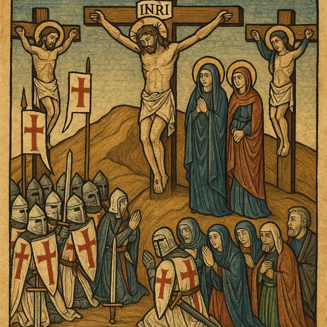 Middeleeuwse afbeelding van de kruisiging van Christus met biddende ridders onder het kruis