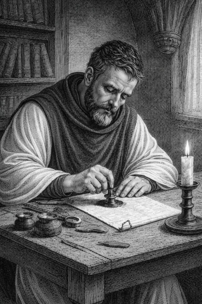 Middeleeuwse monnik die een zegelstempel in was drukt op een perkament document bij kaarslicht.