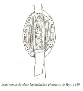 Middeleeuws kerkelijk zegel van Henricus de Bye uit Breda (1459) met religieuze afbeelding, gebruikt voor officiële bekrachtiging.