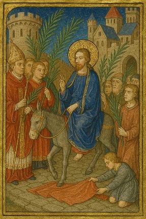Middeleeuwse miniatuur van Jezus op een ezel tijdens de intocht in Jeruzalem, met palmtakken en mensen langs de weg