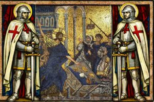 Purificación del Templo por Jesús en Jerusalén con mesas volcadas y cambistas, con dos Caballeros Templarios como guardianes.