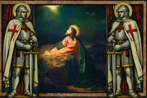 Tempeliers als wachters met centraal Jezus biddend in Getsemane in de nacht