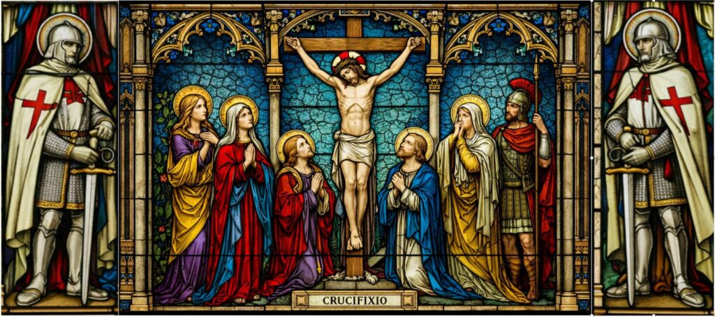 Middeleeuws glas-in-loodraam met de kruisiging van Christus, omringd door heiligen en twee Tempeliersridders met rode kruisen op witte mantels