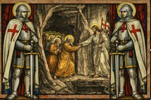 Le Christ descend dans le séjour des morts pour appeler les justes avec 2 Templiers comme gardes